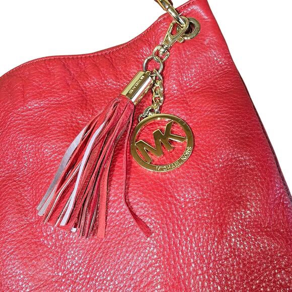 Michael Kors Cherry Red Pebbled Hobo Bag Braided strap Handle Gold Hardware - Picture 3 of 8